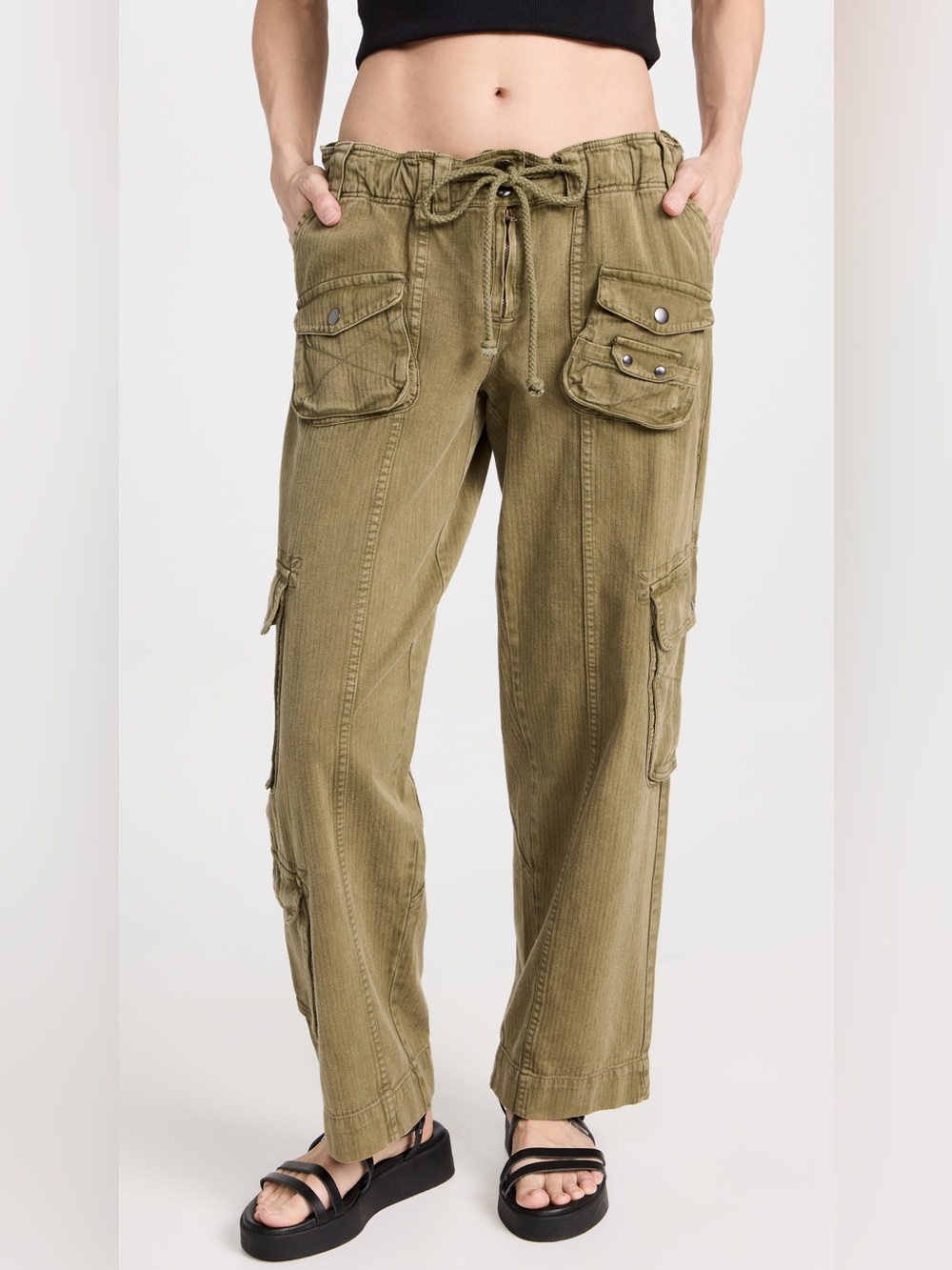 Free People Tahiti Cargo Pants Utility Pocket Smocked Drawstring Khaki XS